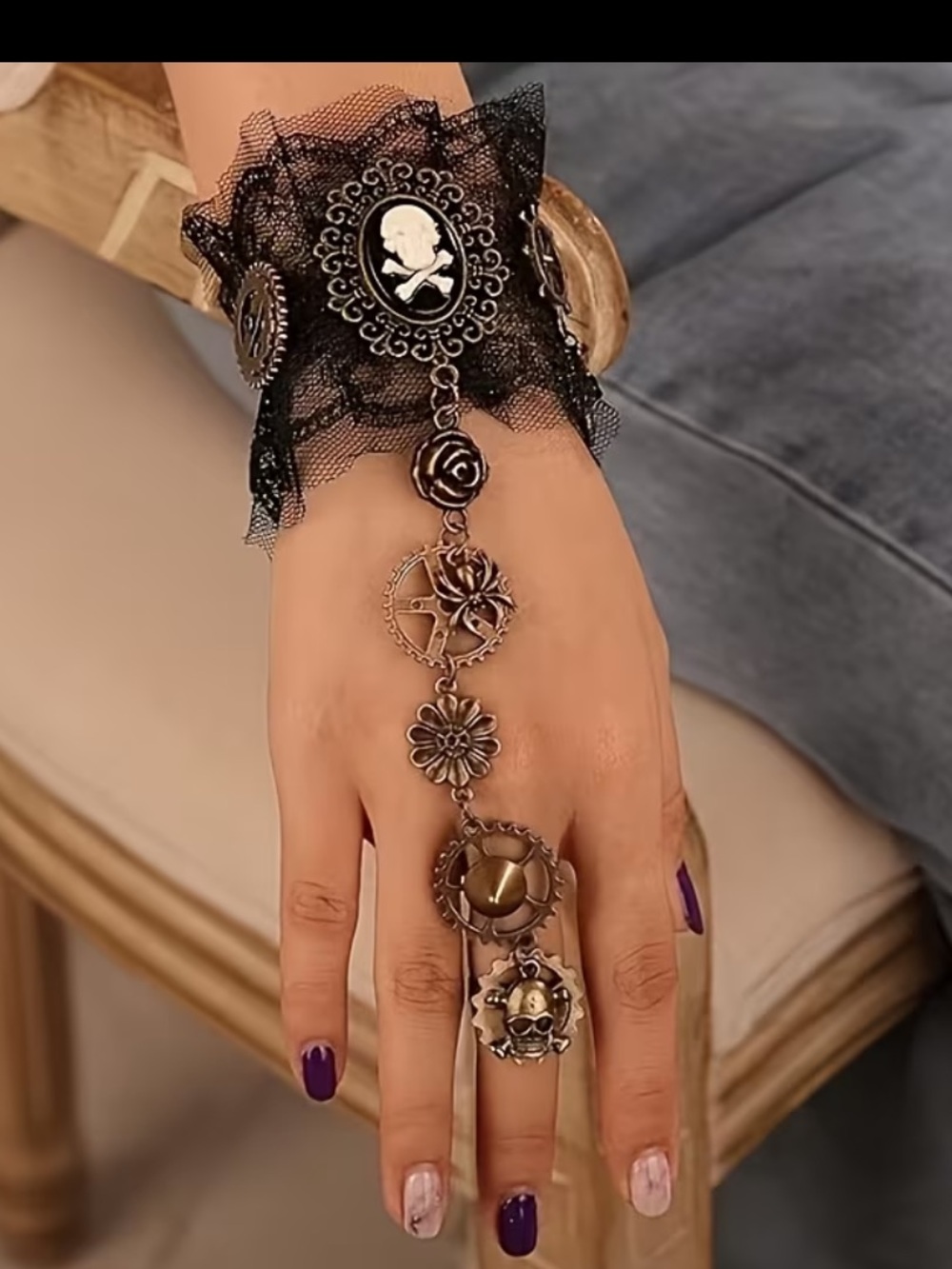 Black Lace Skull Cameo Hand Chain Bracelet with Steampunk Charms